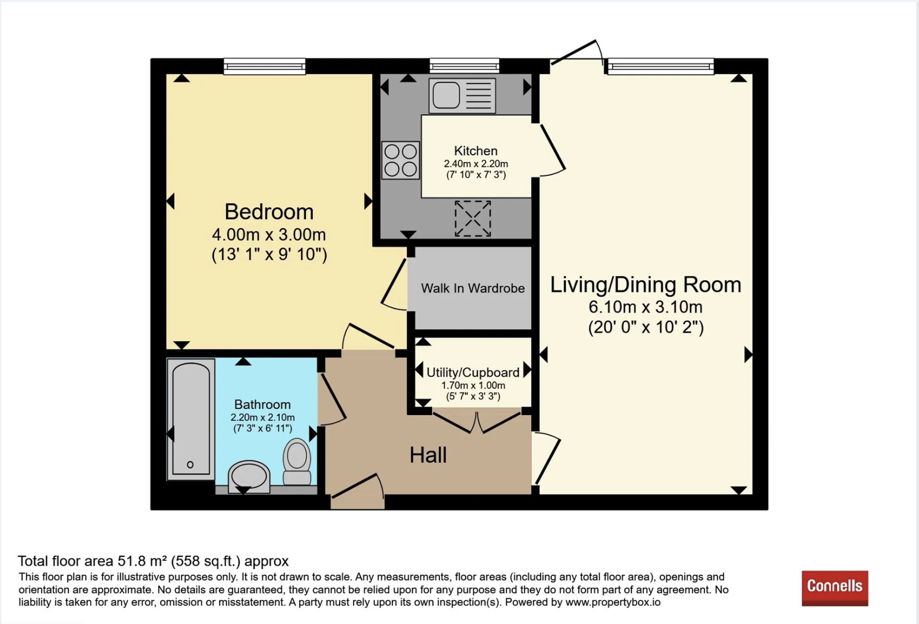 Floorplan of 10 Uplands Place showing hall, lounge/diner, kitchen, bedroom with walk-in wardrobe and shower room